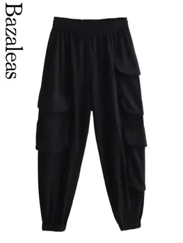 2023 Bazaleas Store Traf Черные женские брюки, мешковатые брюки с высокой талией, боковые карманы, брюки-карго Official