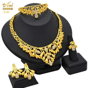 24-каратный Позолоченный Набор свадебных украшений в Дубае, Африканское ожерелье, браслет, Серьги, Кольцо, набор из сплава