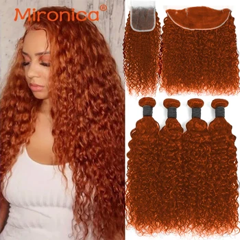 # 350 Пучки человеческих волос с водной волной, с закрытием, Имбирно-оранжевое кружевное Фронтальное плетение человеческих волос Remy, наращивание человеческих волос для женщин