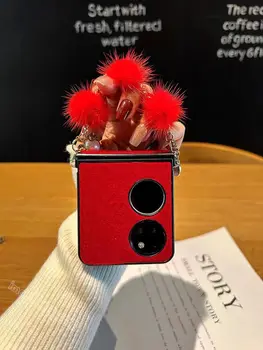Huawei P50 P60 Карманный Модный Красный Складной Меховой Чехол С Пушистым Плюшевым Шариком-Браслетом-Цепочкой Для Pocket S