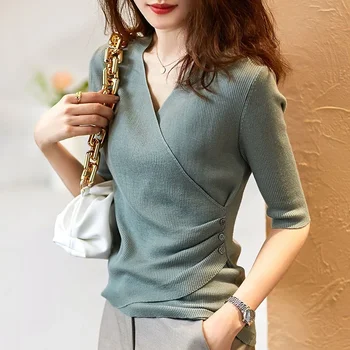 LKSK Pring / Летняя трикотажная футболка, женская мода, V-образный вырез, Приталенный крой, Половина рукава, Вязаный приталенный элегантный свитер на подкладке