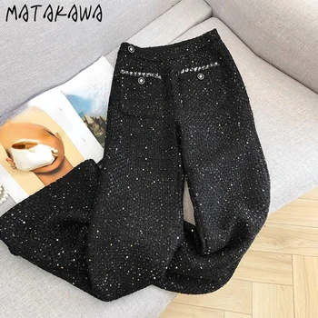 Matakawa Черные Женские брюки Осень Зима Корейская мода Элегантные Винтажные брюки с высокой талией Базовые брюки для мужчин