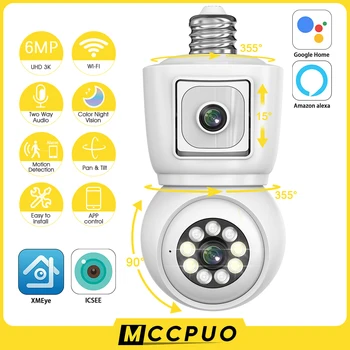 Mccpuo 6-Мегапиксельная Двухобъективная Лампа E27 WiFi PTZ-Камера С Двойным Экраном AI Слежения за человеком В помещении 4-Мегапиксельная IP-Камера Видеонаблюдения ICSEE PRO