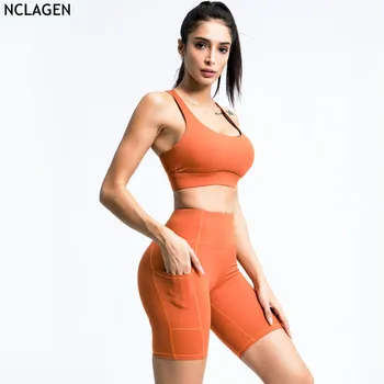 NCLAGEN Yoga Woman Красивый костюм с высокой талией, тренажерный зал, спортивная тренировка, укороченный топ, шорты для фитнеса, комплект из двух предметов 