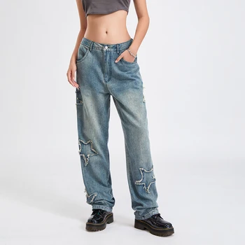 Puloru Vintage Star Jeans Брюки для Женщин Мужские Свободные Со Средней Талией И Пуговицами Прямые Длинные Брюки Harajuku Уличная Одежда Низы