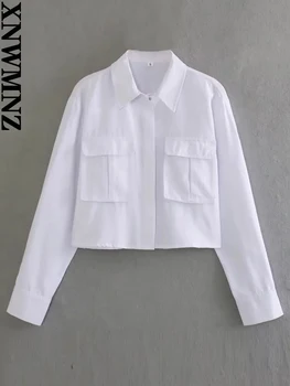 XNWMNZ Женская мода 2023 Белая Оксфордская рубашка с карманом, женский винтажный карман с лацканами, длинный рукав, Универсальный женский топ