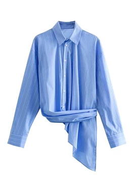 YENKYE 2023, Женская синяя рубашка в контрастную полоску, блузка, Модная боковая петля, асимметричный подол, Женские шикарные рубашки