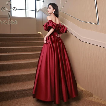 YOSIMI-Женское красное платье трапециевидной формы с пышными рукавами, вырезом лодочкой и открытыми плечами, для вечеринки по случаю дня рождения, ночи, свадьбы