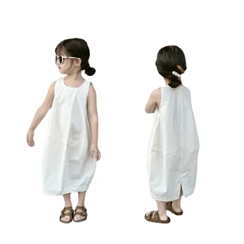 Белое корейское платье Bud 2023, летняя хлопковая юбка, повседневные платья для девочек трапециевидной формы для детей 2-8 лет, детская одежда