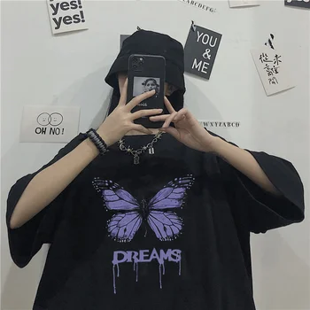 Винтажная модная фиолетовая футболка с бабочкой, Летний Корейский стиль, женские Мужские футболки с графическим рисунком, хип-хоп панк, уличная одежда, топы