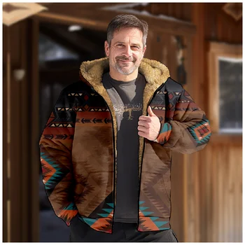 Винтажная мужская этническая флисовая куртка с 3D цифровой печатью, негабаритный топ на молнии с капюшоном, повседневная винтажная мужская стеганая куртка