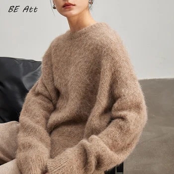 Высококачественный нишевый шерстяной свитер из шерсти альпаки с круглым вырезом, женский осенне-зимний свободный вязаный свитер в ленивом стиле