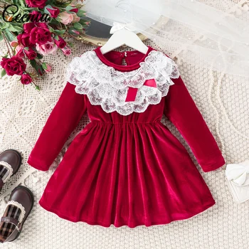 Детские бархатные платья Ceeniu от 4 до 7 лет для девочек с кружевным воротником и бантом, красное бархатное платье принцессы для девочек, детская одежда для дня рождения для девочек