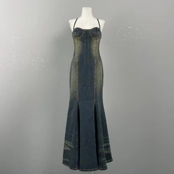 Длинное джинсовое платье из бисера, тонкое и высокое, повседневное словосочетание