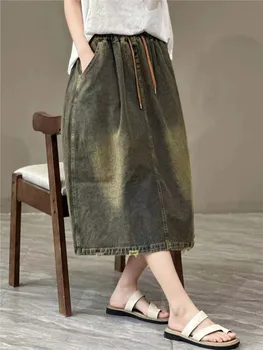 Женская джинсовая юбка в стиле ретро, осень-зима, новая повседневная юбка с эластичной резинкой на талии, с вышивкой на шнурке, отбеленная