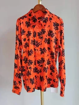 Женская рубашка 2023 оранжевая рубашка из эластичного шелка с лацканами и длинным рукавом