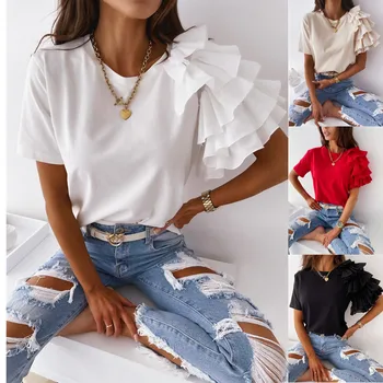 Женские футболки с рюшами, летние футболки с круглым вырезом и рюшами с коротким рукавом, однотонные свободные футболки, топы SZE-ST21016
