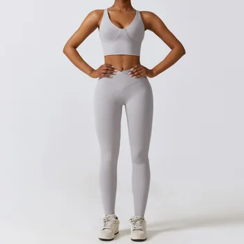 Женский комплект для йоги, спортивный бюстгальтер, леггинсы, комплект из двух предметов, женские тренировочные комплекты из лайкры, женская спортивная одежда для женщин, спортивная одежда серого цвета