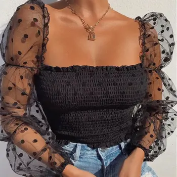 Женский короткий топ с волнистым рисунком, сексуальная сетчатая пышная блузка с длинным рукавом, прозрачная Удобная и дышащая блузка
