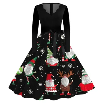 Женское Зимнее платье с кукольным принтом, Черное, с длинным рукавом, Винтажное, для Рождественской вечеринки, в стиле Пин-ап, Рокабилли, платье для выпускного вечера, Robe Femme Vestidos