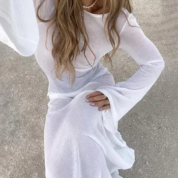 Женское платье Макси с длинным рукавом Клубная прозрачная сетка с открытой спиной 2023 Летние Сексуальные вечерние Пляжные платья Bodycon Casual