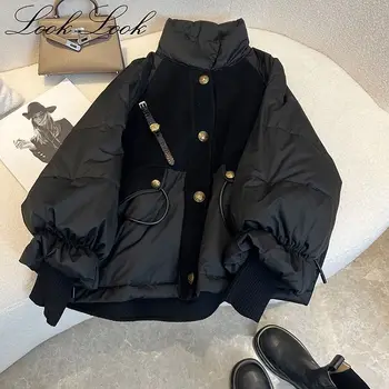 Зимнее Черное Утолщенное Пальто с Хлопчатобумажной Подкладкой Черного Золота на Пуху для Женщин Зимой