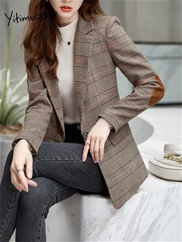 Клетчатые блейзеры Yitimuceng для женщин 2023, осень-зима, новая мода, повседневная куртка с длинным рукавом, пальто, тонкие блейзеры на одной пуговице