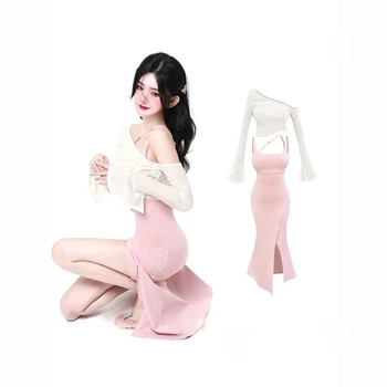 Корейские Милые Облегающие Платья на Бретелях Slim Fit Bodycon + Y2k E-Girl, Солнцезащитные Топы, Женские Летние Модные Комплекты Из Двух предметов 2024 года