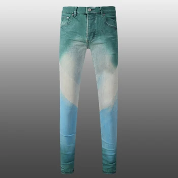 Мужские джинсы американского градиентного контрастного цвета, высококачественные повседневные узкие брюки, стрейчевые брюки, окрашенные аэрозольной краской Heavy Industry