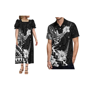 Одежда для островных пар с принтом на заказ, женское платье MUMU Фиджи, полинезийское, черное, белое, мужская рубашка на Самоа