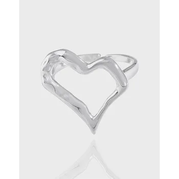 Оригинальное кольцо из стерлингового серебра неправильной формы с полым сердечком S925, гипербола, текстура, морщины, палец в форме сердца, изысканные драгоценности