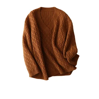 Осенний новый кашемировый свитер с V-образным вырезом, пуловер в виде ромба, объемный жаккардовый ленивый свободный толстый вязаный свитер