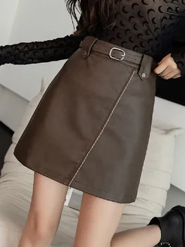 Осень-зима 2023, юбка из искусственной кожи трапециевидной формы в корейском стиле с высокой талией, женская модная мини-юбка
