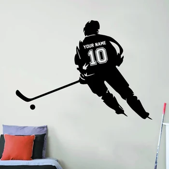 Персонализированная Хоккейная наклейка С именем и номером На Украшении стены спальни Мальчика-хоккеиста Спортивной Виниловой Наклейкой E935