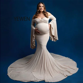Платье для беременных с V-образным вырезом и длинными рукавами в стиле русалки из эластичной ткани для фотосессии Babyshower Нестандартного цвета