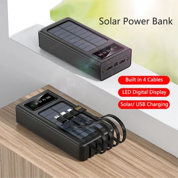 Портативный аккумулятор солнечной энергии емкостью 30000mAh со светодиодным цифровым дисплеем, внешний аккумулятор для iPhone 14 Samsung Huawei Xiaomi Powerbank с кабелем