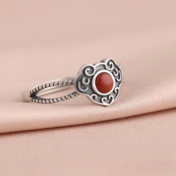 Ретро-кольцо с замком долговечности Ruyi, инкрустированное южным красным агатом, благоприятная мода в старинном женском креативном кольце