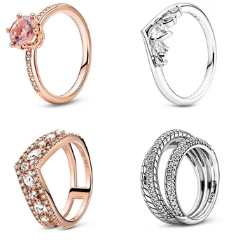 Розовое кольцо-пасьянс в виде сверкающей короны из стерлингового серебра 925 пробы с тройным кольцом в виде змеиной цепочки с рисунком для модных женщин