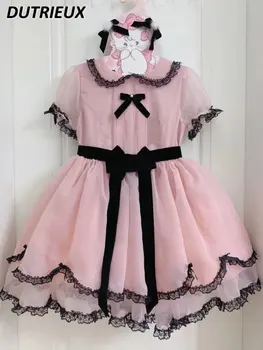 Розовое платье принцессы с коротким рукавом, летние милые платья с кружевным бантом для девочек, приталенные платья с кукольным воротником, платье-пузырь для женщин