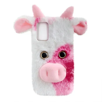 Розовый Пушистый Меховой Плюшевый Чехол A52 Cute Milk Cow Furry Girly Cover 3D Animal Пушистый Защитный Чехол Из Кроличьей Шерсти