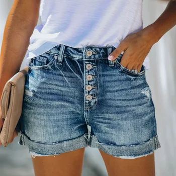 Синие джинсовые шорты, летние женские модные рваные короткие джинсы с завышенной талией на нескольких пуговицах, женские винтажные потертые джинсовые шорты Hotpants