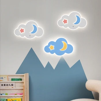 Скандинавский синий настенный светильник Star Moon, настенный светильник для детей, детская комната, прикроватная тумбочка для спальни, настенное фоновое освещение, деревянные светильники, декор