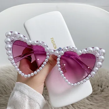 Солнцезащитные очки в большой оправе для женщин, ретро-милые солнцезащитные очки с жемчужным сердечком, Фирменный дизайн, Женские солнцезащитные очки UV400, Модные очки