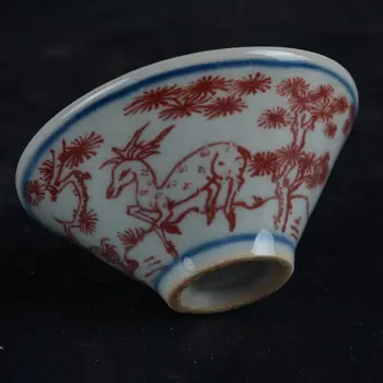 Чаша для чайной чашки из китайского сине-белого фарфора с красной глазурью в виде оленя-журавля 3,2 дюйма