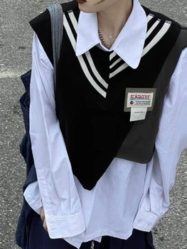 Японский свитер-жилет с асимметричной строчкой, вязаные майки, Черные Свободные жилеты без рукавов с V-образным вырезом, одежда для студенческой бесполой пары