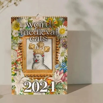Календарь Weird Medieval Cats на 2024 год, календарь на 12 месяцев, настенный календарь, который можно повесить в офисе, домашняя подарочная бумага с покрытием A
