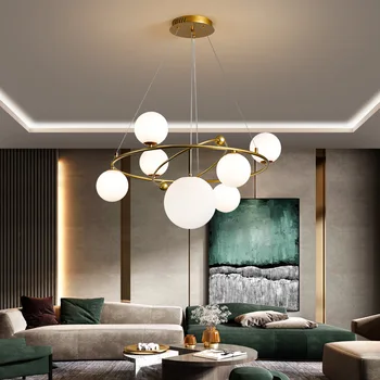 Современный Скандинавский дизайн Светодиодная люстра для гостиной, кухни, столовой, спальни, лампа с круглым кольцом, Стеклянный шар, Потолочный подвесной светильник